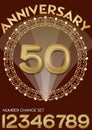 50th anniversary celebration in elegant golden frame. Golden number 50, set of numbers one, two, three, four, six, seven, eight, n