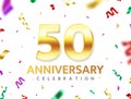 50th Anniversary celebration. Gold numbers with color confetti. Colorful tinsel and serpentine. 50 year jubilee Royalty Free Stock Photo