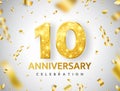 10th Anniversary celebration. Gold numbers with glitter gold confetti, serpentine. Festive background. Decoration for party event Royalty Free Stock Photo