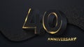 40th Anniversary celebration. Golden number 40 on black paper cut background with golden glitters. Vector festive illustration.