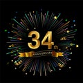 34th Anniversary celebration. Golden number 34th with sparkling confetti