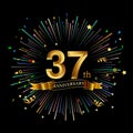 37th Anniversary celebration. Golden number 37th with sparkling confetti