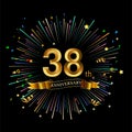 38th Anniversary celebration. Golden number 38th with sparkling confetti