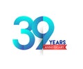 39th Anniversary celebration logotype blue colored with red ribbon, isolated on white background Royalty Free Stock Photo