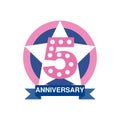 5th anniversary colored logo design, happy holiday festive celebration emblem with ribbon vector Illustration