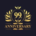 99th Anniversary Design, luxurious golden color 99 years Anniversary logo.