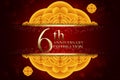 6th Anniversary Elegant Greeting with golden Flower. Golden text isolated on elegant background