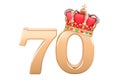 70th anniversary, golden 70 with crown, 3D rendering Royalty Free Stock Photo