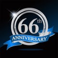 66th anniversary logo with blue ribbon and silver ring, vector template for birthday celebration