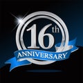 16th anniversary logo with blue ribbon and silver ring, vector template for birthday celebration Royalty Free Stock Photo