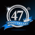 47th anniversary logo with blue ribbon and silver ring, vector template for birthday celebration