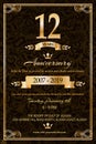 12th anniversary logo with golden frame and golden banner isolated on pattern background