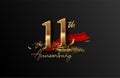 11th anniversary logo with red ribbon and golden confetti isolated on elegant background, sparkle, vector design for greeting card Royalty Free Stock Photo