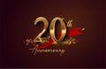 20th anniversary logo with red ribbon and golden confetti isolated on elegant background, sparkle, vector design for greeting card