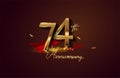 74th anniversary logo with red ribbon and golden confetti isolated on elegant background, sparkle, vector design for greeting card