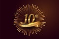 10th anniversary logotype with fireworks and golden ribbon elegant, isolated on elegant background. vector anniversary for