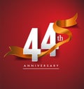 44th anniversary logotype with golden ribbon isolated on red elegance background, vector design for birthday celebration, greeting Royalty Free Stock Photo