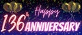 136th anniversary neon calligraphy text and number. Confetti and balloon isolated on elegant blue gradient background, sparkle,