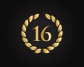 16th Anniversary Ring Logo Template. 16th Years Anniversary Logo With Golden Ring Isolated On Black Background, For Birthday, Royalty Free Stock Photo