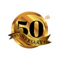 50th anniversary vector logo illustration. 50 years golden anniversary celebration logotype with number and ribbon. fivety years