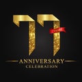 77th anniversary years celebration logotype. Logo ribbon gold number and red ribbon on black background.