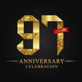 97th anniversary years celebration logotype. Logo ribbon gold number and red ribbon on black background.