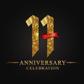 11th anniversary years celebration logotype. Logo ribbon gold number and red ribbon on black background. Royalty Free Stock Photo