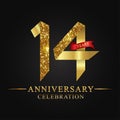 14th anniversary years celebration logotype. Logo ribbon gold number and red ribbon on black background.