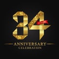 34th anniversary years celebration logotype. Logo ribbon gold number and red ribbon on black background.