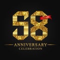 58th anniversary years celebration logotype. Logo ribbon gold number and red ribbon on black background.