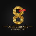 8th anniversary years celebration logotype. Logo ribbon gold number and red ribbon on black background.