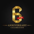 6th anniversary years celebration logotype. Logo ribbon gold number and red ribbon on black background.