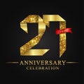 27th anniversary years celebration logotype. Logo ribbon gold number and red ribbon on black background. Royalty Free Stock Photo