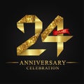 24th anniversary years celebration logotype. Logo ribbon gold number and red ribbon on black background. Royalty Free Stock Photo