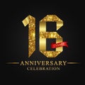 16th anniversary years celebration logotype. Logo ribbon gold number and red ribbon on black background.