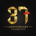 37th anniversary years celebration logotype. Logo ribbon gold number and red ribbon on black background.