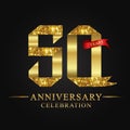 50th anniversary years celebration logotype. Logo ribbon gold number and red ribbon on black background.