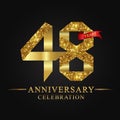 48th anniversary years celebration logotype. Logo ribbon gold number and red ribbon on black background. Royalty Free Stock Photo