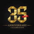 35th anniversary years celebration logotype. Logo ribbon gold number and red ribbon on black background.