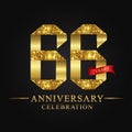 66th anniversary years celebration logotype. Logo ribbon gold number and red ribbon on black background.