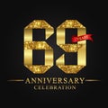 69th anniversary years celebration logotype. Logo ribbon gold number and red ribbon on black background.