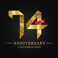 74th anniversary years celebration logotype. Logo ribbon gold number and red ribbon on black background.