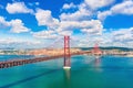 The 25th April Bridge Ponte 25 de Abril between Lisbon and Almada, Portugal. One of the longest suspension bridges in Europe