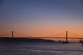 The 25th of April suspension bridge over the Tagus river, at sunset, in Lisbon, Portugal Royalty Free Stock Photo