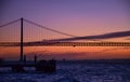 The 25th of April suspension bridge over the Tagus river, at sunset, in Lisbon, Portugal Royalty Free Stock Photo