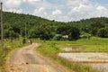 16th August, 2022, Belpahari, West Bengal, India: Beautiful village road of Bengal an woman walking with her goat for farming. Royalty Free Stock Photo