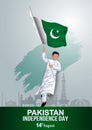 14th of august happy independence day Pakistan. vector illustration design of man running with flag. gray background Royalty Free Stock Photo