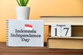 17th august - Indonesia Independence Day. Seventeenth day month calendar concept on wooden blocks with copy space