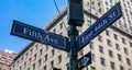 5th ave and E44 corner. Blue color street signs, Manhattan New York downtown Royalty Free Stock Photo