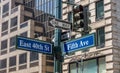 5th ave and E40 corner. Blue color street signs, Manhattan New York downtown Royalty Free Stock Photo